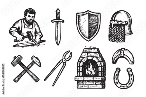 Hand-drawn sketches depict a blacksmith at work, forging a sword alongside a shield, helmet, horseshoe, and tools, evoking a medieval aesthetic and craftsmanship.