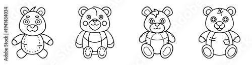 Four delightful teddy bears in monochrome line art coloring page