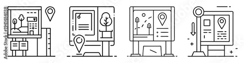 Four distinct location kiosks and wayfinding systems in line art