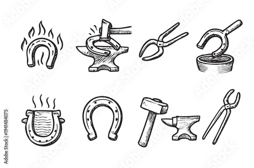 Black and white sketch of blacksmith tools, including horseshoes, anvil, hammer, tongs, and fire, conveying a vintage, handmade, and industrial feel.