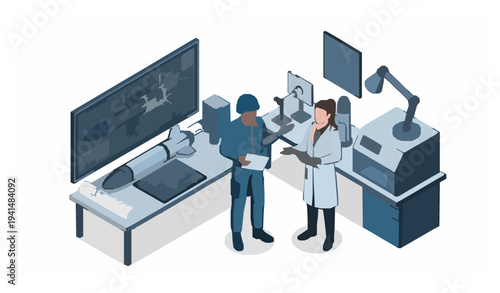 Military engineer and scientist discussing ballistic missile design isometric defense technology illustration