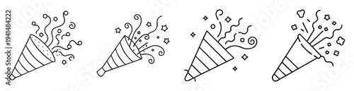 Line art illustration of four festive party poppers with confetti and streamers