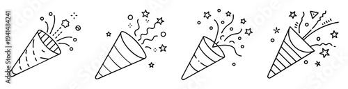 Outline drawing of party poppers with confetti, streamers and stars illustration