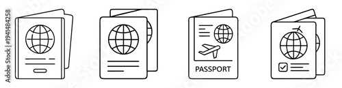 simple line art icon style illustration of four passport documents