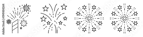 Collection of hand drawn outline style fireworks with stars and sparkle