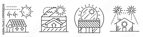 Set of solar panels, smart house, heating and energy icons in vector