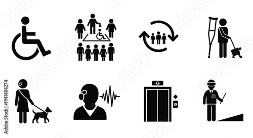 Accessibility symbols depicting people with disabilities assistance and services silhouette