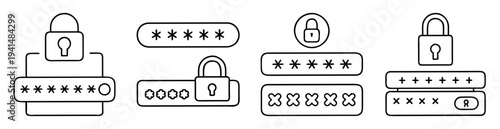 Stylized illustrations of password protection and security with various character representations