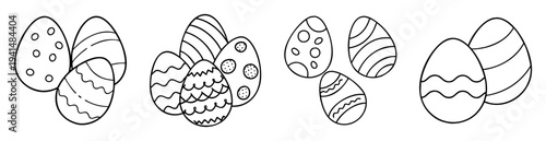 Outlined hand drawn Easter eggs with different pattern arrangements on white background