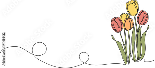 continuous single line drawing of beautiful tulips, line art vector illustration