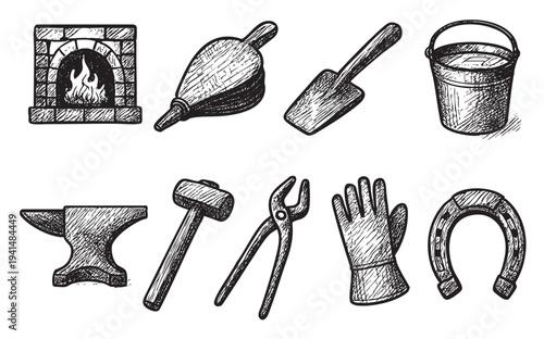 A black and white sketch of blacksmith tools, including a furnace, anvil, hammer, glove, and horseshoe, all on a plain white backdrop.