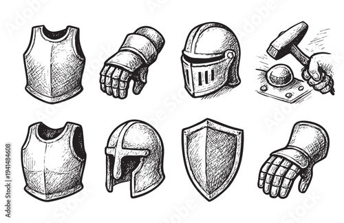 Black and white sketches showcase knight armor including breastplate, gauntlets, helmets, shield, and metalworking with hammer, perfect for historical or fantasy themes.