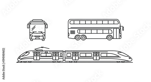 Line art depicting a bus double decker bus and high speed train silhouette