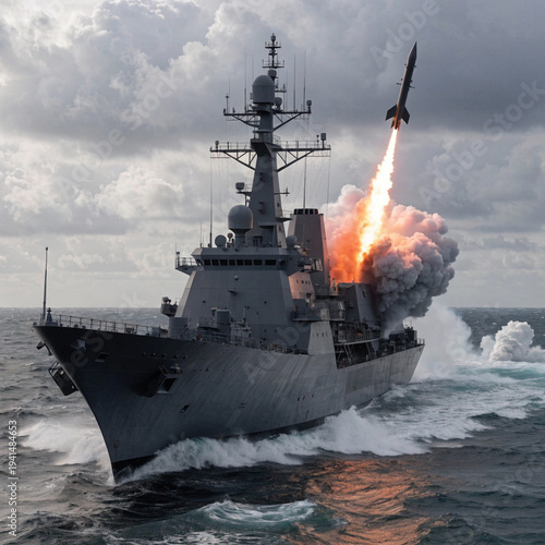 military ship in the sea missile fire