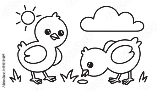 Two cute baby chicks stand and peck in green grass under a cloud and sun