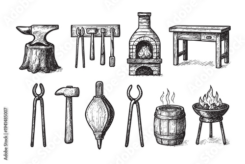 Black and white illustration featuring anvil, forge, tools, and working station, perfect for projects needing a vintage craftsman or artisan vibe, with a sketch style appeal.