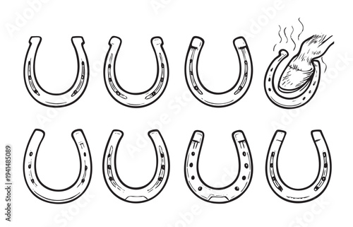 An arrangement of illustrated black-and-white horseshoes, showing a horseshoe being fitted to a horse's hoof, perfect for farrier services, luck, and equestrian themes.