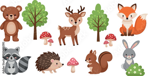 Cute woodland forest animals vector set with bear, deer, fox, raccoon, hedgehog, squirrel and rabbit illustration