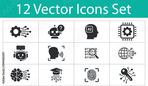 Artificial intelligence solid icons set. Collection of AI head, chatbot, voice recognition, biometric security, data scan, smart key, automation and digital network symbols.