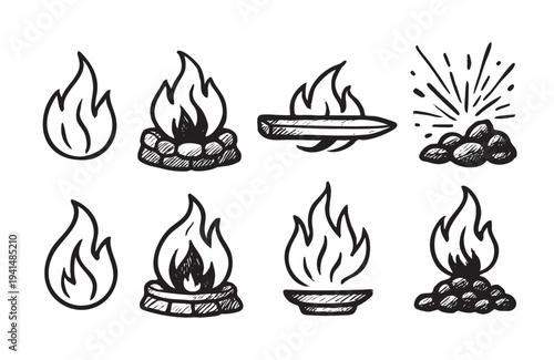 Set of eight hand-drawn fire and bonfire illustrations in black and white, perfect for logos, icons, stickers, and other graphic design projects.