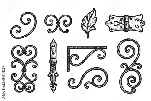 Collection of sketched ornamental ironwork elements in black and white. Illustration depicts curls, hinges, and leaf designs on a clean white backdrop.