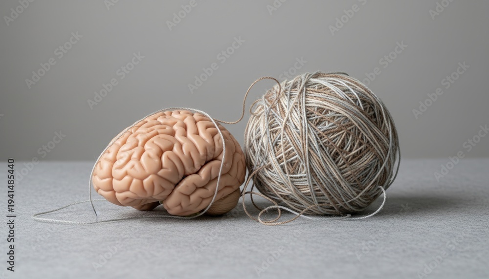 Fototapeta premium brain, yarn, tangled, psychology, mental health, confusion, complexity conceptual image illustrating cognitive processes, unraveling thoughts, and therapy using a human brain model.