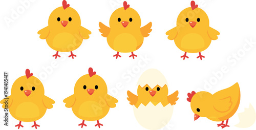 Cute Yellow Baby Chick Collection with Different Poses Including Hatching Egg Cartoon Style Farm Animal Vector Illustration Set