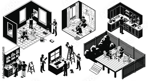 Isometric illustrations depicting home renovation and outdoor living a striking silhouette