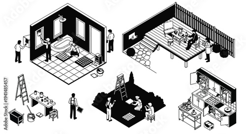 Isometric room design with people garden and kitchen in black and white silhouette