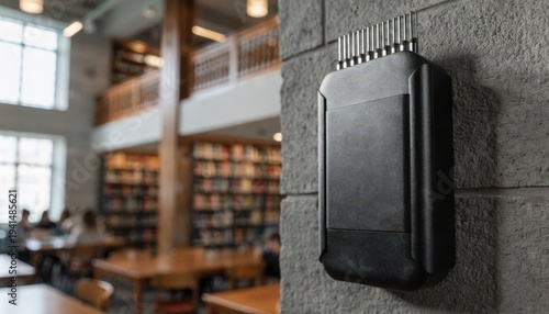 Closeup of wallmounted WiFi access point in a modern campus library emphasizing the device while shelves and study tables create a softly blurred atmosphere.