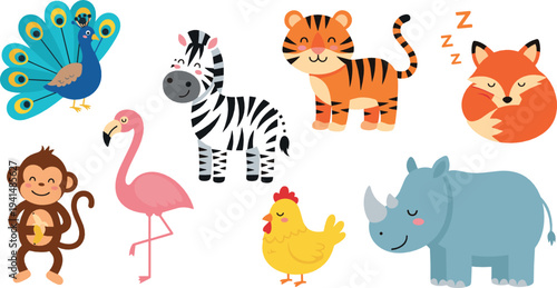Photography Cute zoo animals vector set with peacock, zebra, tiger, fox, monkey, flamingo, c