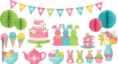 Easter Party Decorations Collection with Cake Bunnies Garland Teapot Cupcakes and Pastel Holiday Cartoon Vector Illustration Set