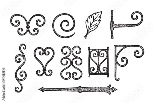 Hand-drawn sketch featuring assorted ornate wrought iron elements, including scrolls, hearts, leaf, and wall mounts in black ink against a stark white background, evoking vintage architectural design.