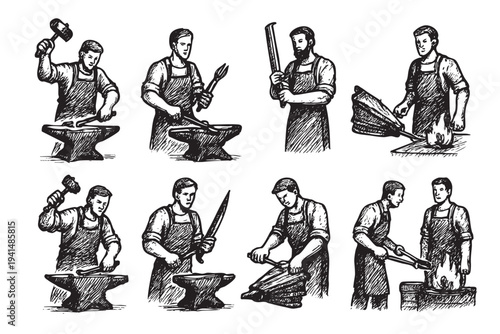 A collection of vintage-style sketches depicting blacksmiths working with tools like hammers, anvils, and bellows, showcasing the craft and labor of metalworking. Black and white drawing.