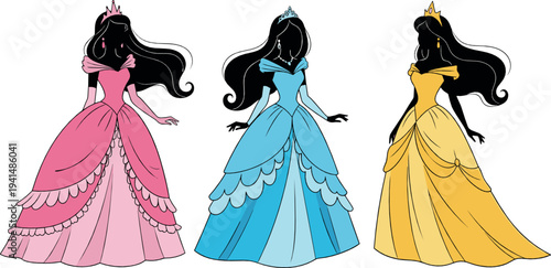Elegant princess silhouettes vector set with royal gowns, crowns and long dresses, fairytale queen characters fashion illustration collection