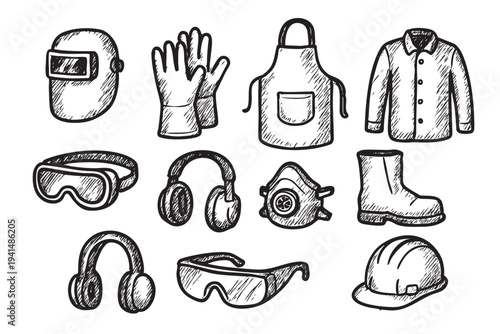 Hand-drawn illustration of protective workwear like a helmet, gloves, apron, jacket, goggles, earmuffs, mask and work boot. Perfect for safety or industry related designs.