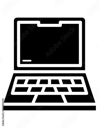 Black laptop computer icon isolated on white background. Digital device symbol representing technology, work, and etc.