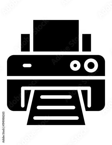 Black printer icon isolated on white background. Office printing device symbol representing document printing