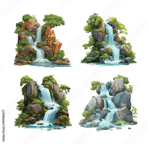Waterfall cartoon vector set. Boulder stone trees grass nature landscape clean fresh water flowing over rocks peaceful natural mountain forest river stream scenes isolated illustration