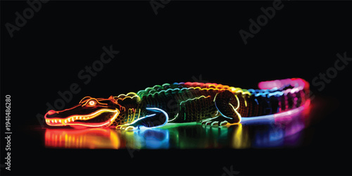 Gemini said

A neon chameleon on a black background glows with vibrant purple and blue energy in a 3d pattern of motion lines and bright light design