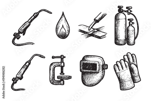 Black and white illustration showing welding tools, including a welding torch, gas tanks, gloves, and helmet in a hand-drawn style. For DIY projects, industrial design, or safety.