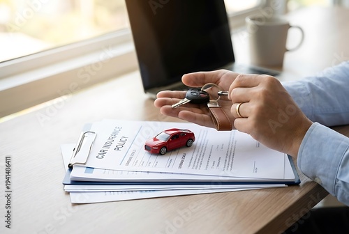 Person holding car keys with documents and toy car on a desk by a window in a welllit office setting every day