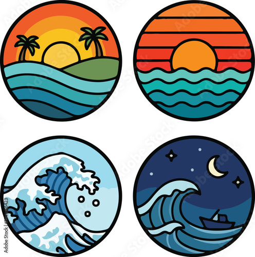 Tropical Island and Crashing Wave Icons, Set of four round icons showing a large curling wave, the same wave under a night sky, and tropical palm islands