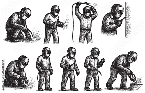 A set of black and white illustrations depicting welders in different action poses, showcasing the welding process with sparks, and various work positions on a clean white backdrop.