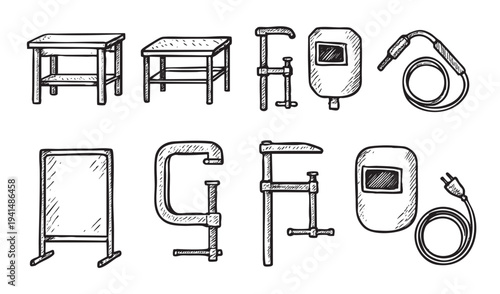 Line art sketch featuring welding equipment, clamps, tables, and an A-frame sign, all in black and white, great for DIY, construction, or workshop themed designs.