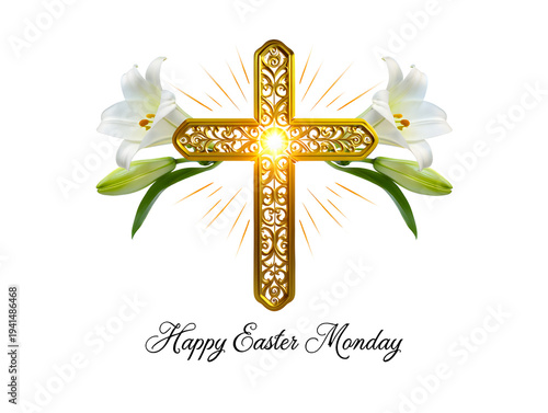 Golden cross with lilies easter monday isolated on transparent background