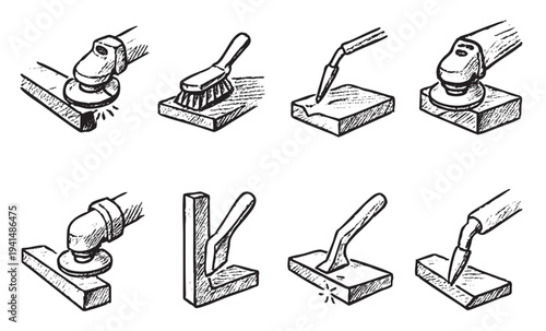 Hand-drawn illustration of metalworking tools on wood and metal surfaces, perfect for manufacturing and engineering concepts, showing welding, grinding, and cleaning operations.