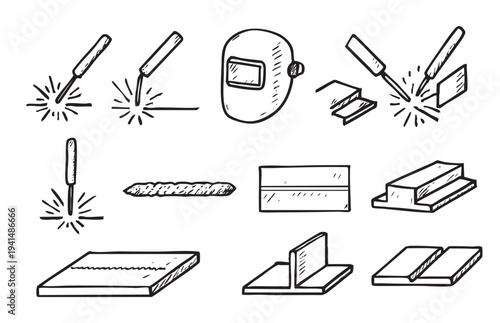 Hand drawn illustration of welding processes, including welding mask and metal pieces, in black and white. Use for DIY, metalwork and construction-related content.