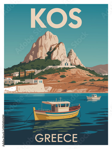 Kos Greece Poster, stylized Greek island illustration, retro travel poster aesthetic, scenic hills and rocky coastline