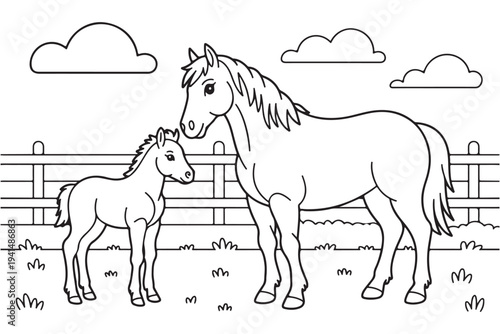 A charming outline illustration of a loving mare and her young foal standing peacefully in a pasture